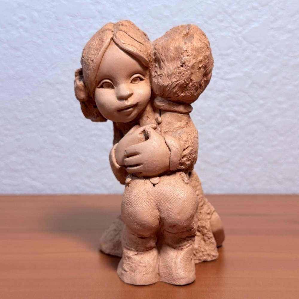 Vintage Style Children Hugging Figurine Terracotta Color Plastic Sculpture 5.5"